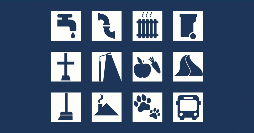 Илустрација комуналних делатности: водоснабдевање, јавни превоз, одржавање улица итд.